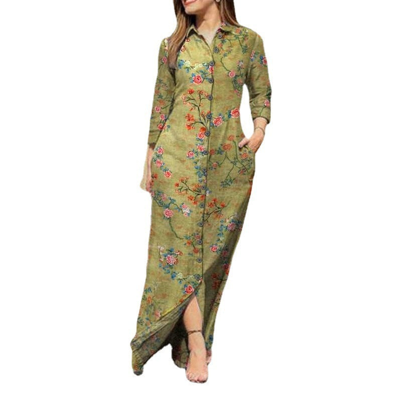 Women's Plaid Long Sleeve Lapel Collar Button Maxi Dress